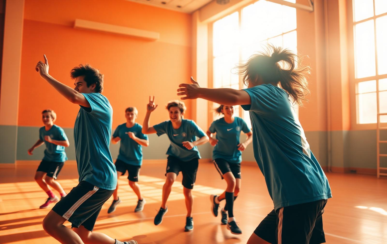 Young handball players in a fast training drill