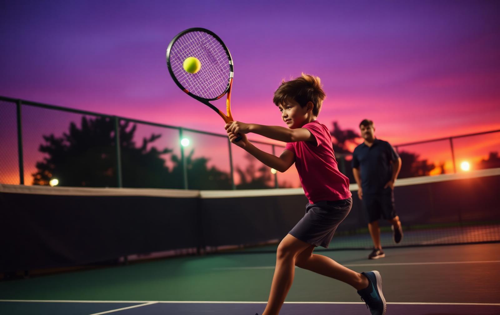 Young tennis player striking a backhand at dusk